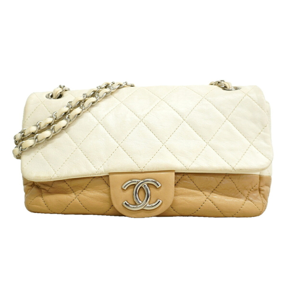 Chanel Matelassé Shoulder Bag with Double Chain, Calfskin, White/Brown, Women's